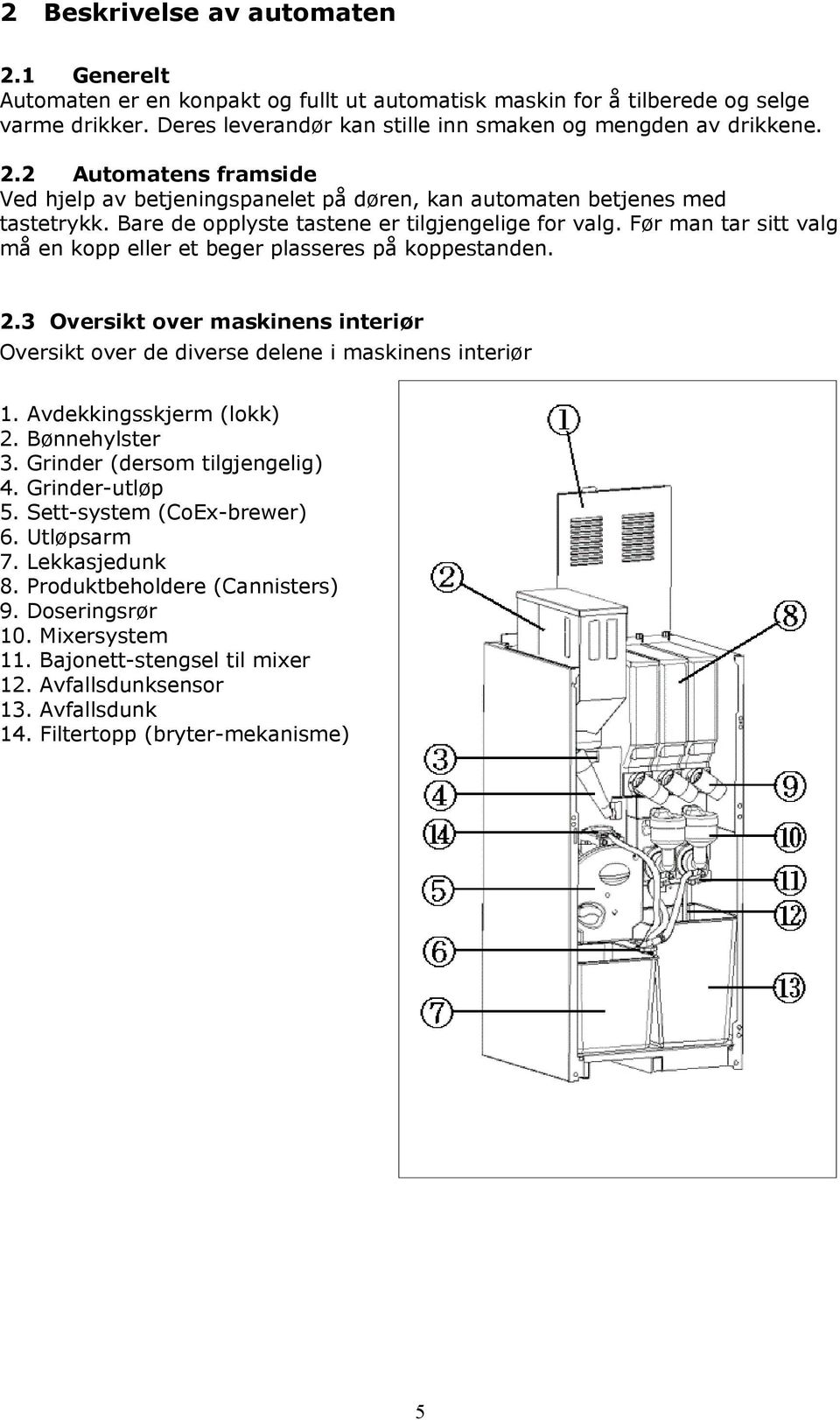 3 Oversikt over maskinens interiør Oversikt over de diverse delene i maskinens interiør 1. Avdekkingsskjerm (lokk) 2. Bønnehylster 3. Grinder (dersom tilgjengelig) 4. Grinder-utløp 5.