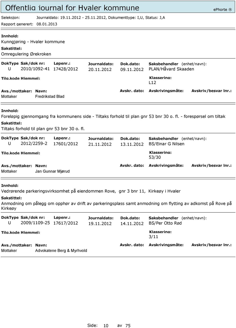 2012 BS/Einar G Nilsen 53/30 Mottaker Jan Gunnar Mjørud Vedrørende parkeringsvirksomhet på eiendommen Rove, gnr 3 bnr 11, Kirkeøy i Hvaler Anmodning om pålegg om opphør av drift av