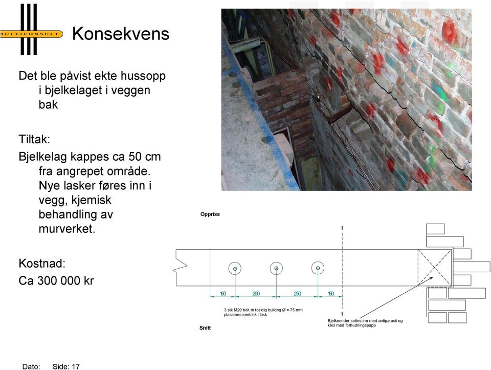 Oppriss 1 Kostnad: Ca 300 000 kr 150 250 250 150 Snitt 3 stk M20 bolt m tosidig bulldog Ø = 75 mm