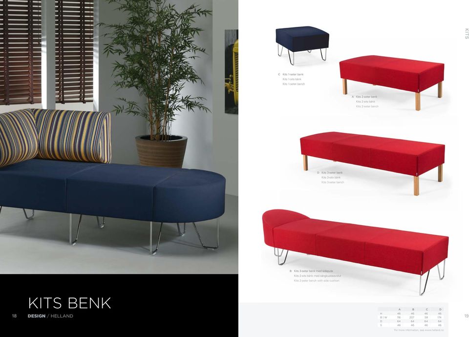 benk med sidepute Kits 2-sits bänk med sängkuddeavslut Kits 2-seter bench with side cushion