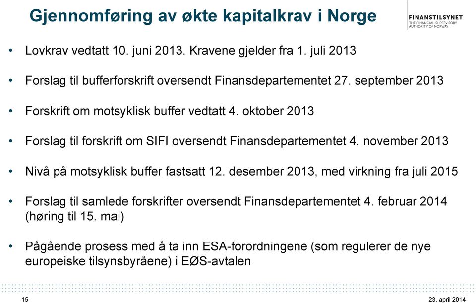 oktober 2013 Forslag til forskrift om SIFI oversendt Finansdepartementet 4. november 2013 Nivå på motsyklisk buffer fastsatt 12.