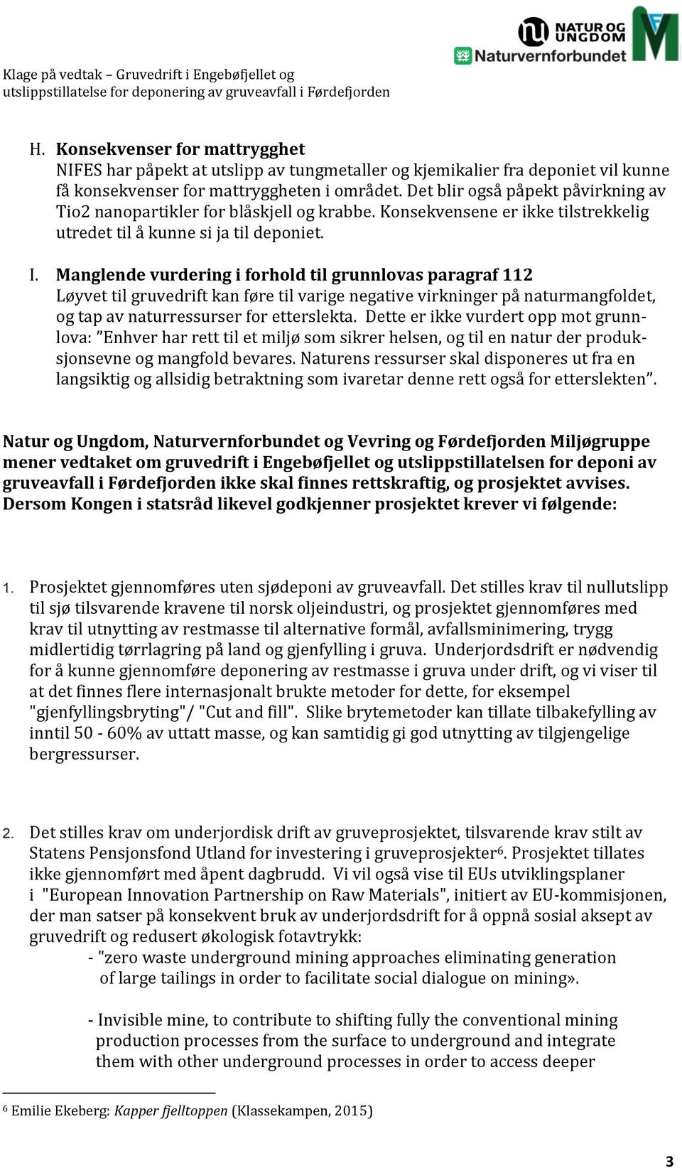 Manglende vurdering i forhold til grunnlovas paragraf 112 Løyvet til gruvedrift kan føre til varige negative virkninger på naturmangfoldet, og tap av naturressurser for etterslekta.