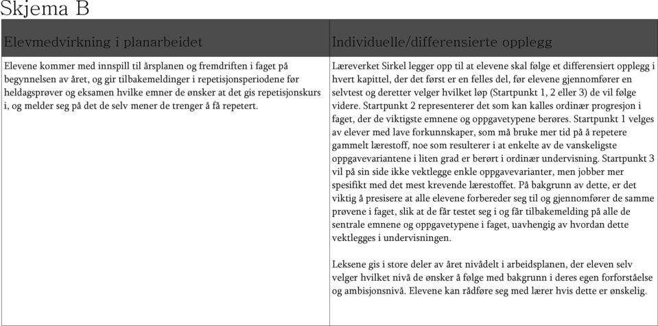 Individuelle/differensierte opplegg Læreverket Sirkel legger opp til at elevene skal følge et differensiert opplegg i hvert kapittel, der det først er en felles del, før elevene gjennomfører en