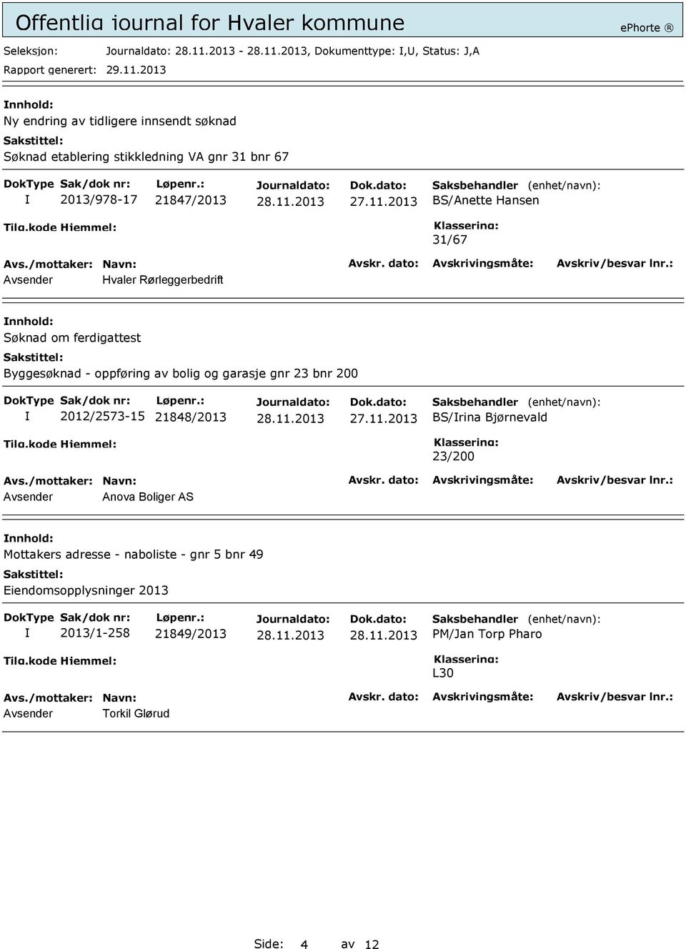 av bolig og garasje gnr 23 bnr 200 2012/2573-15 21848/2013 BS/rina Bjørnevald 23/200 Avsender Anova Boliger AS Mottakers