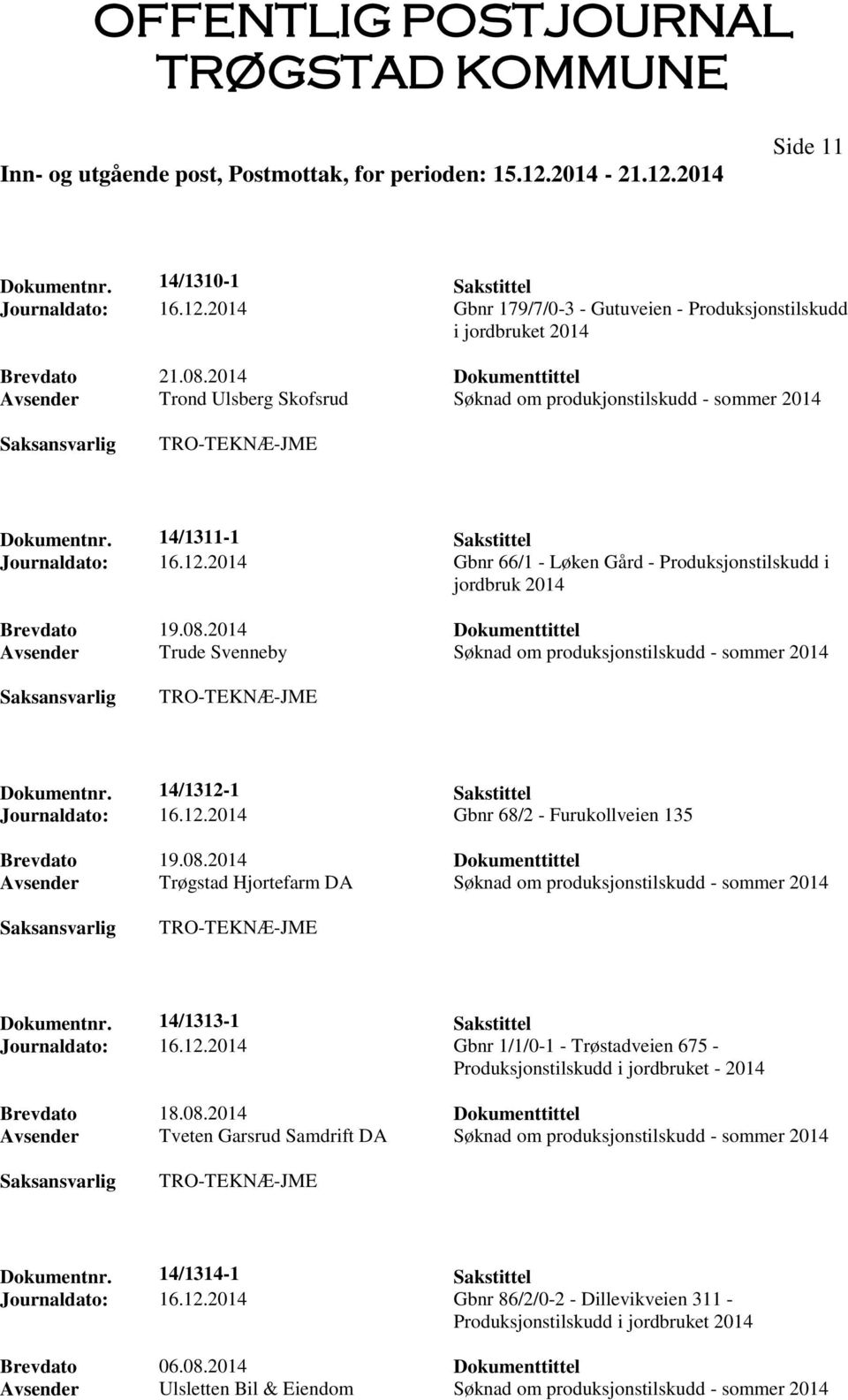 2014 Gbnr 66/1 - Løken Gård - Produksjonstilskudd i jordbruk 2014 Brevdato 19.08.2014 Dokumenttittel Avsender Trude Svenneby Søknad om produksjonstilskudd - sommer 2014 Dokumentnr.