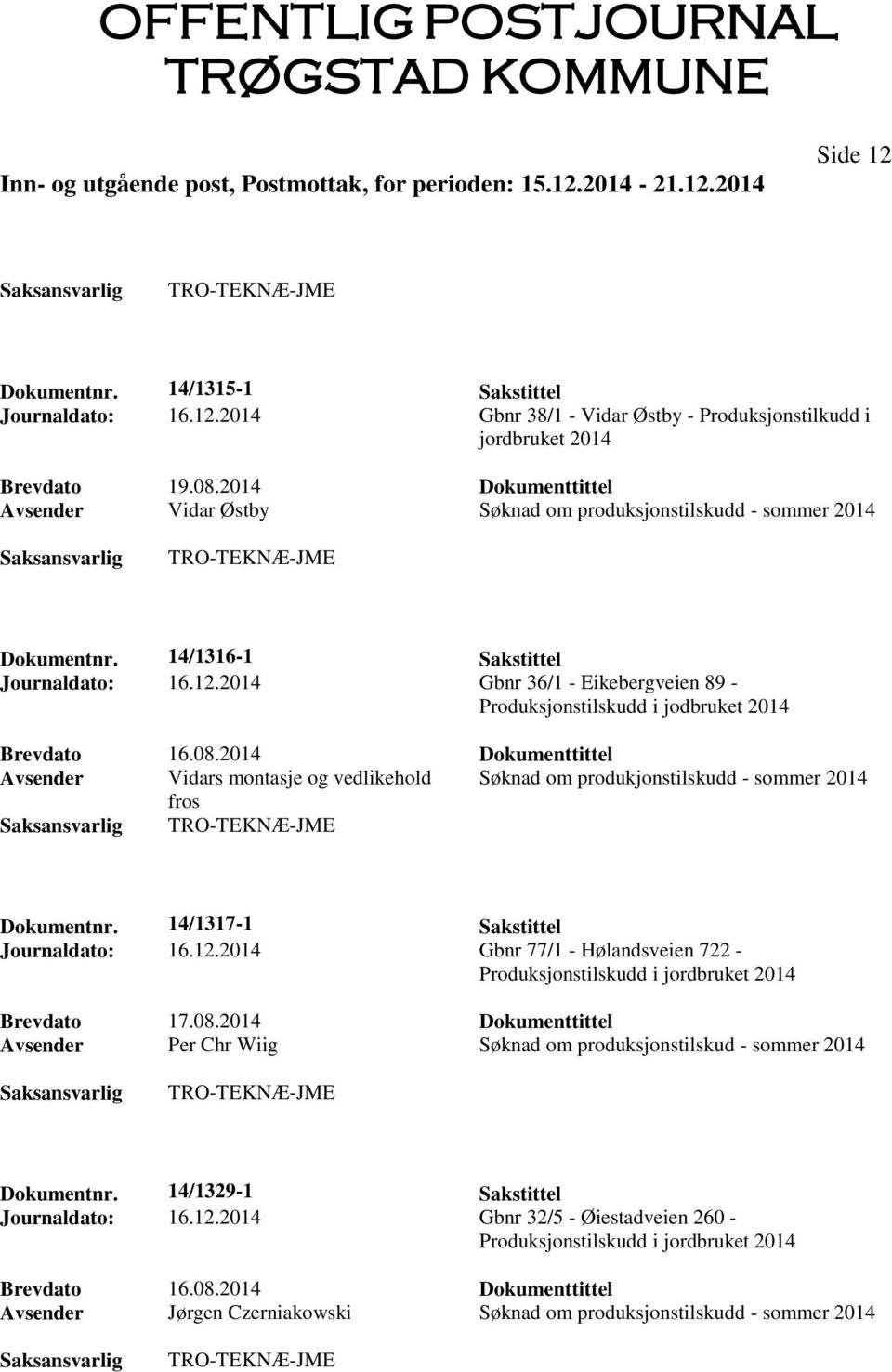 2014 Gbnr 36/1 - Eikebergveien 89 - Produksjonstilskudd i jodbruket 2014 Brevdato 16.08.