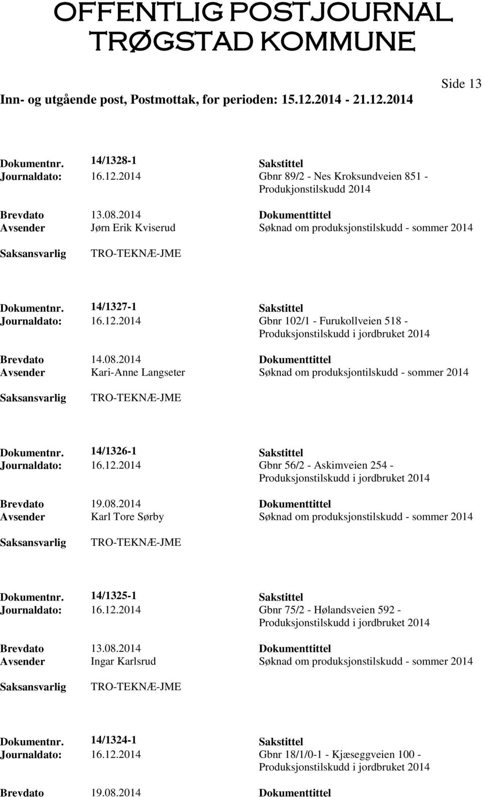 2014 Dokumenttittel Avsender Kari-Anne Langseter Søknad om produksjontilskudd - sommer 2014 Dokumentnr. 14/1326-1 Sakstittel Journaldato: 16.12.2014 Gbnr 56/2 - Askimveien 254 - Brevdato 19.08.