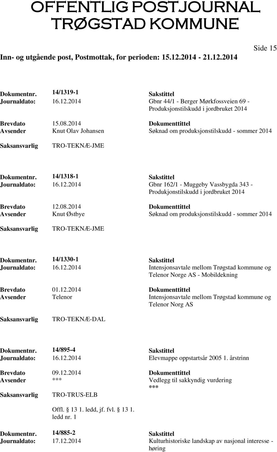 2014 Gbnr 162/1 - Muggeby Vassbygda 343 - Produkjonstilskudd i jordbruket 2014 Brevdato 12.08.2014 Dokumenttittel Avsender Knut Østbye Søknad om produksjonstilskudd - sommer 2014 Dokumentnr.