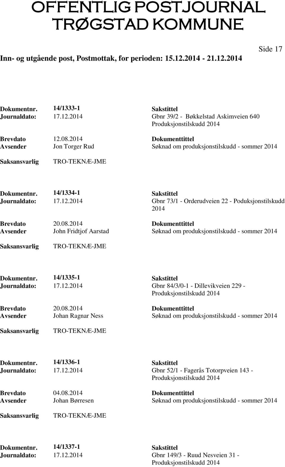 2014 Gbnr 73/1 - Orderudveien 22 - Poduksjonstilskudd 2014 Brevdato 20.08.2014 Dokumenttittel Avsender John Fridtjof Aarstad Søknad om produksjonstilskudd - sommer 2014 Dokumentnr.