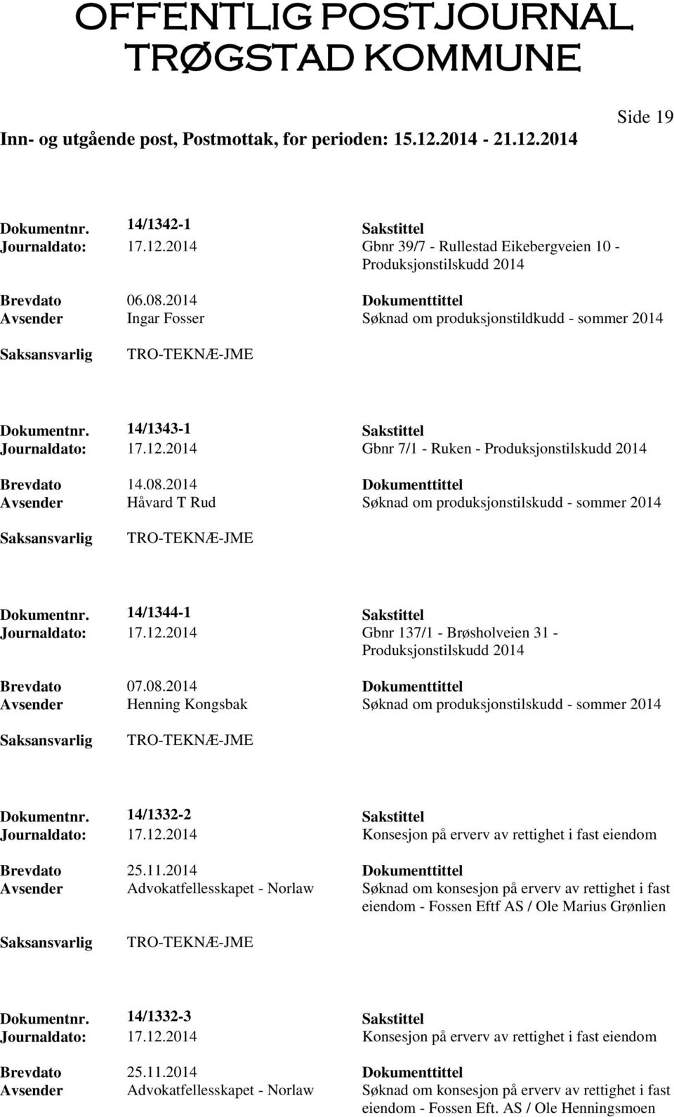 08.2014 Dokumenttittel Avsender Håvard T Rud Søknad om produksjonstilskudd - sommer 2014 Dokumentnr. 14/1344-1 Sakstittel Journaldato: 17.12.