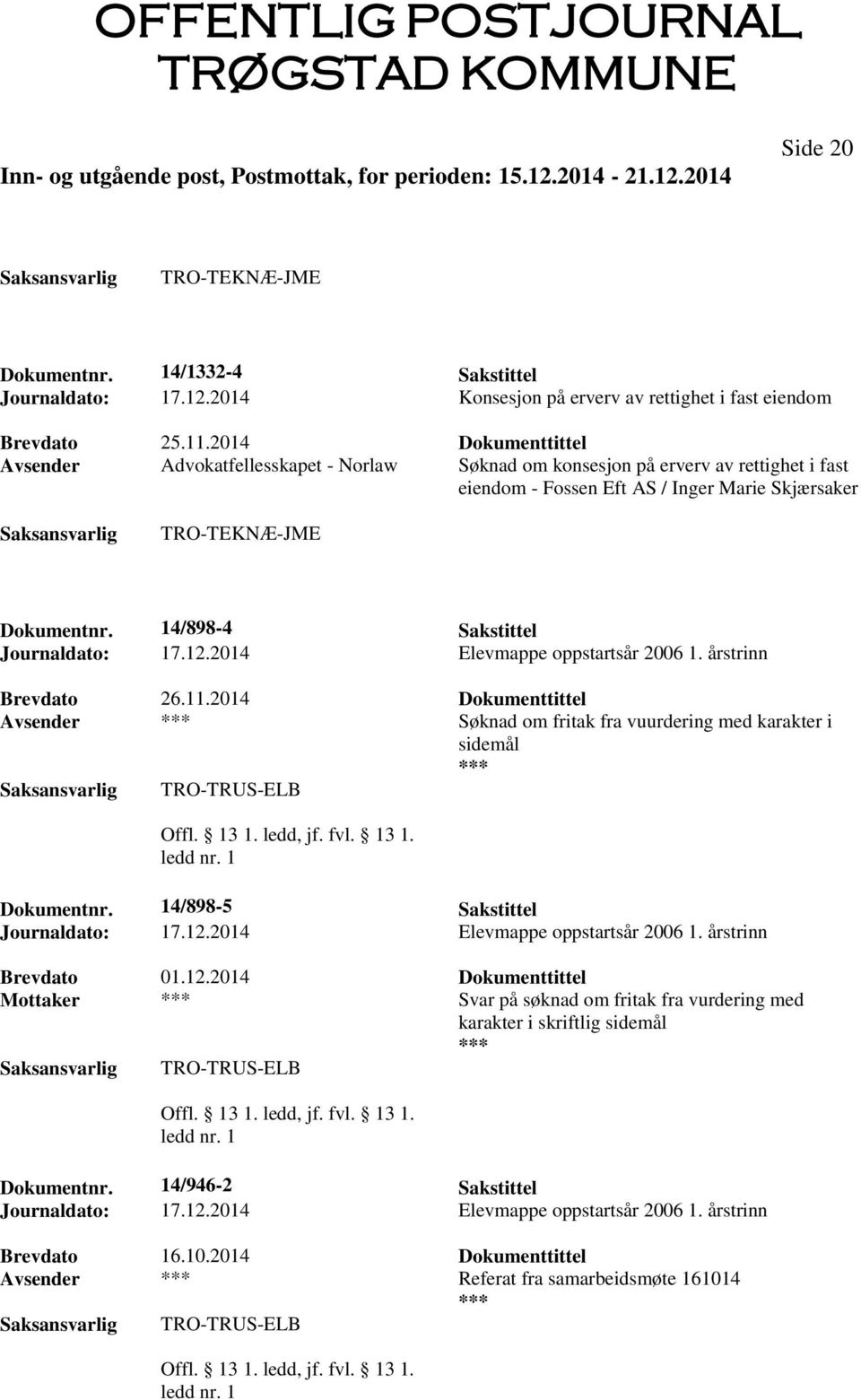 14/898-4 Sakstittel Journaldato: 17.12.2014 Elevmappe oppstartsår 2006 1. årstrinn Brevdato 26.11.