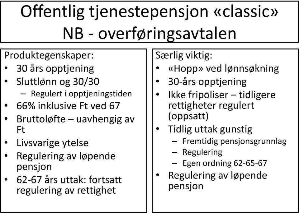 uttak: fortsatt regulering av rettighet Særlig viktig: «Hopp» ved lønnsøkning 30-års opptjening Ikke fripoliser tidligere