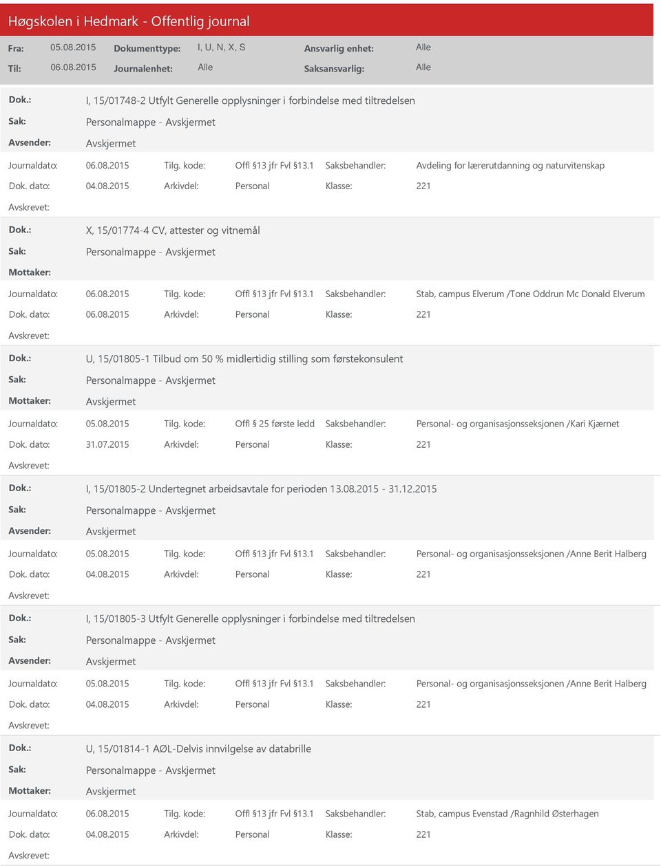 dato: Arkivdel: Personal, 15/01805-1 Tilbud om 50 % midlertidig stilling som førstekonsulent Personal- og organisasjonsseksjonen /Kari Kjærnet Dok. dato: 31.07.