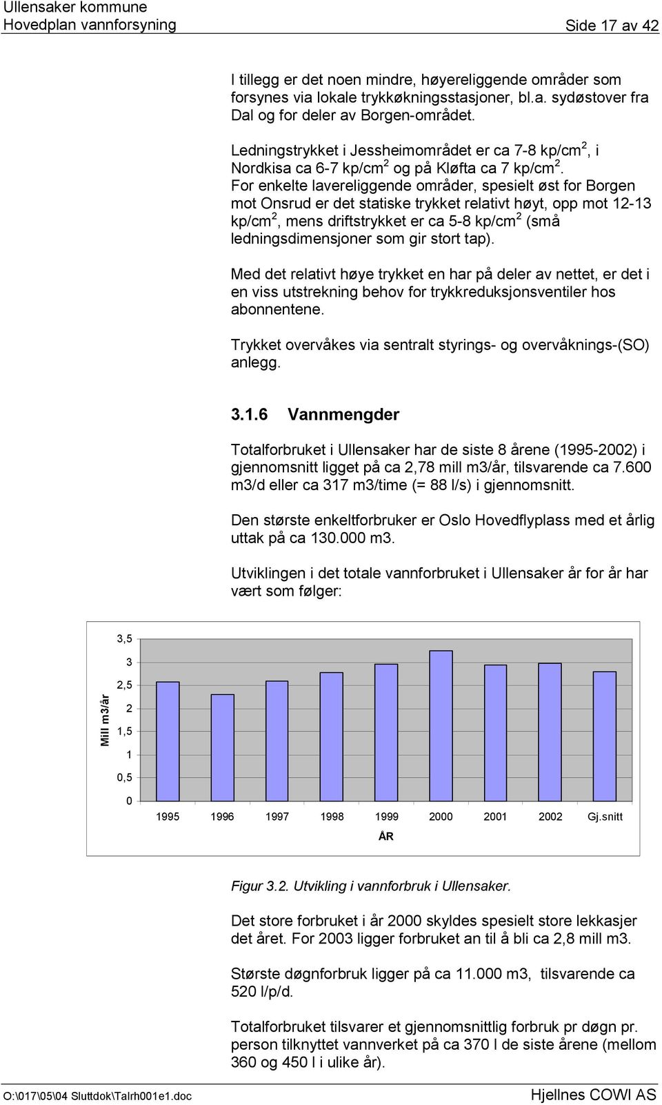 For enkelte lavereliggende områder, spesielt øst for Borgen mot Onsrud er det statiske trykket relativt høyt, opp mot 12-13 kp/cm 2, mens driftstrykket er ca 5-8 kp/cm 2 (små ledningsdimensjoner som