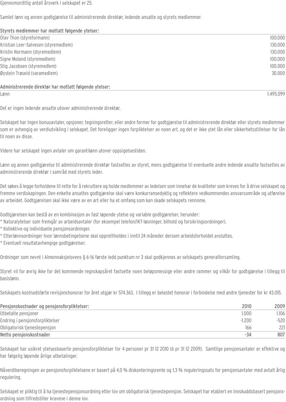 000 Stig Jacobsen (styremedlem) 100.000 Øystein Trøseid (varamedlem) 30.000 Administrerende direktør har mottatt følgende ytelser: Lønn 1.495.