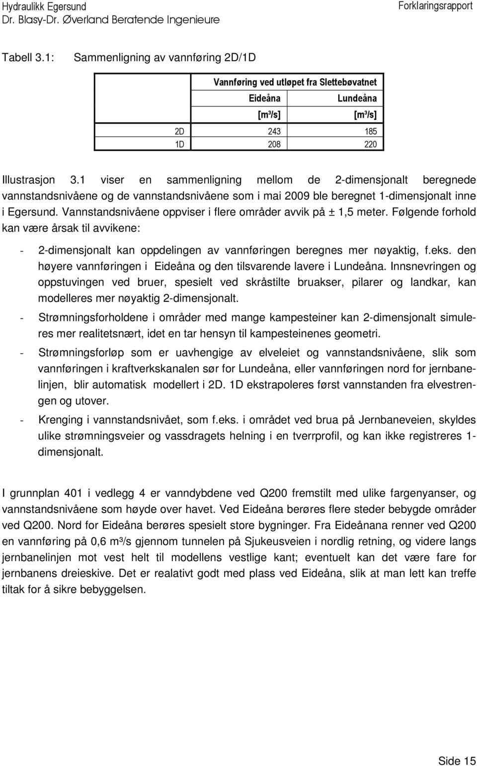 Vannstandsnivåene oppviser i flere områder avvik på ± 1,5 meter. Følgende forold kan være årsak til avvikene: - 2-dimensjonalt kan oppdelingen av vannføringen beregnes mer nøyaktig, f.eks.