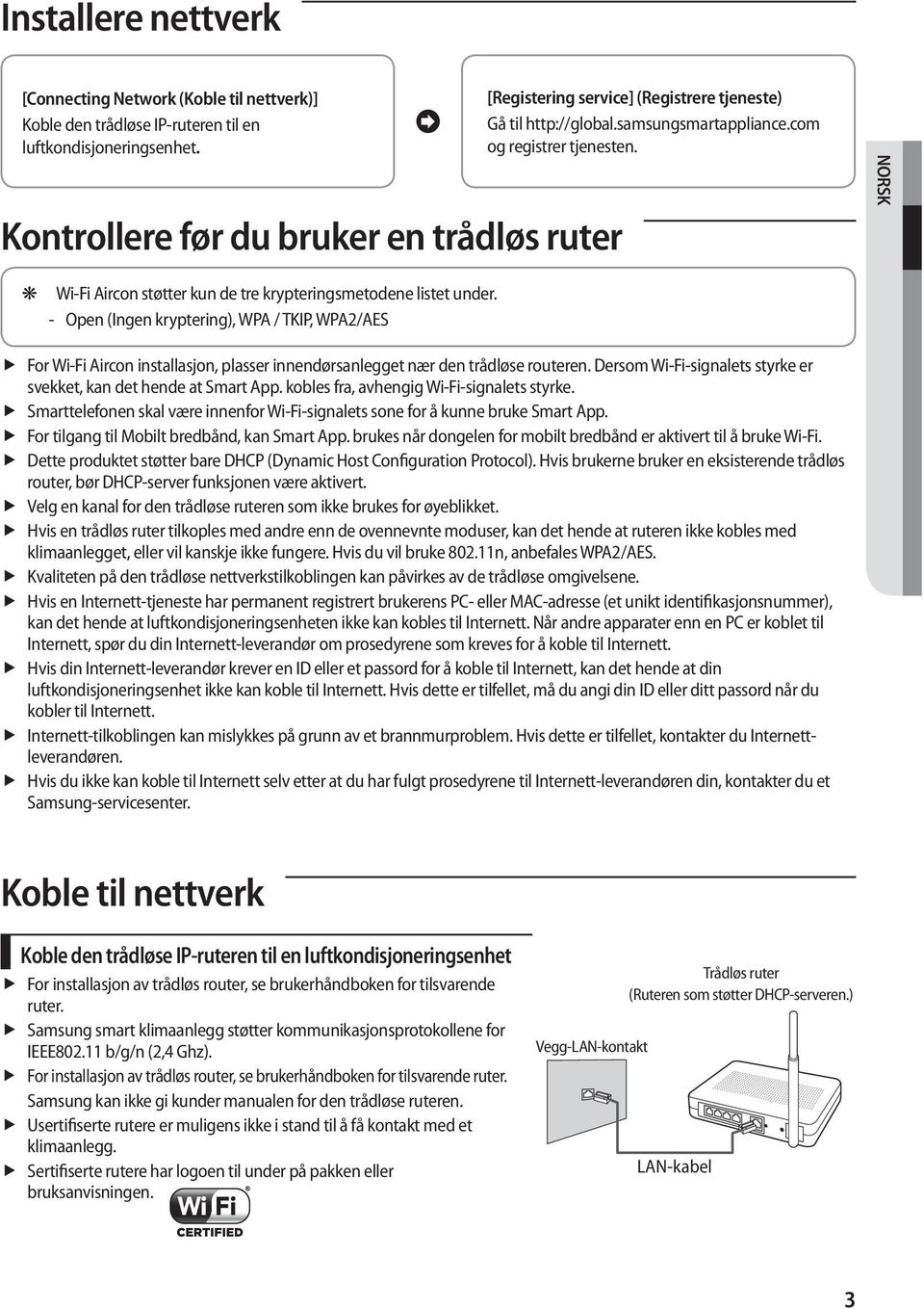 NORSK Wi-Fi Aircon støtter kun de tre krypteringsmetodene listet under.