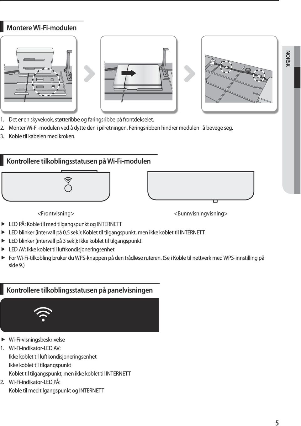 Kontrollere tilkoblingsstatusen på Wi-Fi-modulen <Frontvisning> <Bunnvisningvisning> ffled PÅ: Koble til med tilgangspunkt og INTERNETT ffled blinker (intervall på 0,5 sek.