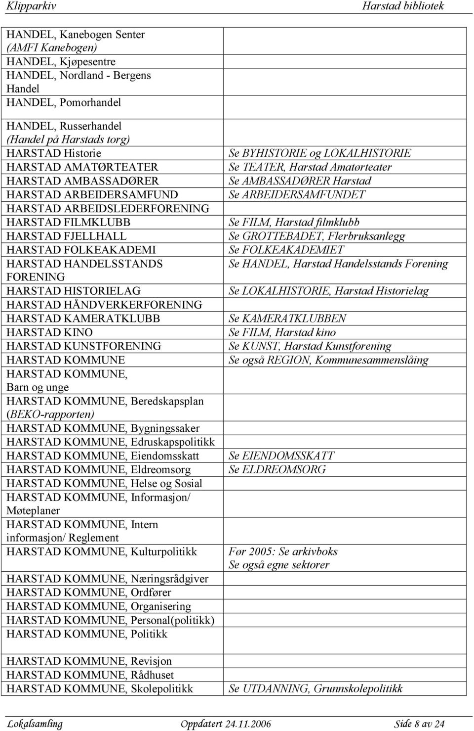 HARSTAD HÅNDVERKERFORENING HARSTAD KAMERATKLUBB HARSTAD KINO HARSTAD KUNSTFORENING HARSTAD KOMMUNE HARSTAD KOMMUNE, Barn og unge HARSTAD KOMMUNE, Beredskapsplan (BEKO-rapporten) HARSTAD KOMMUNE,