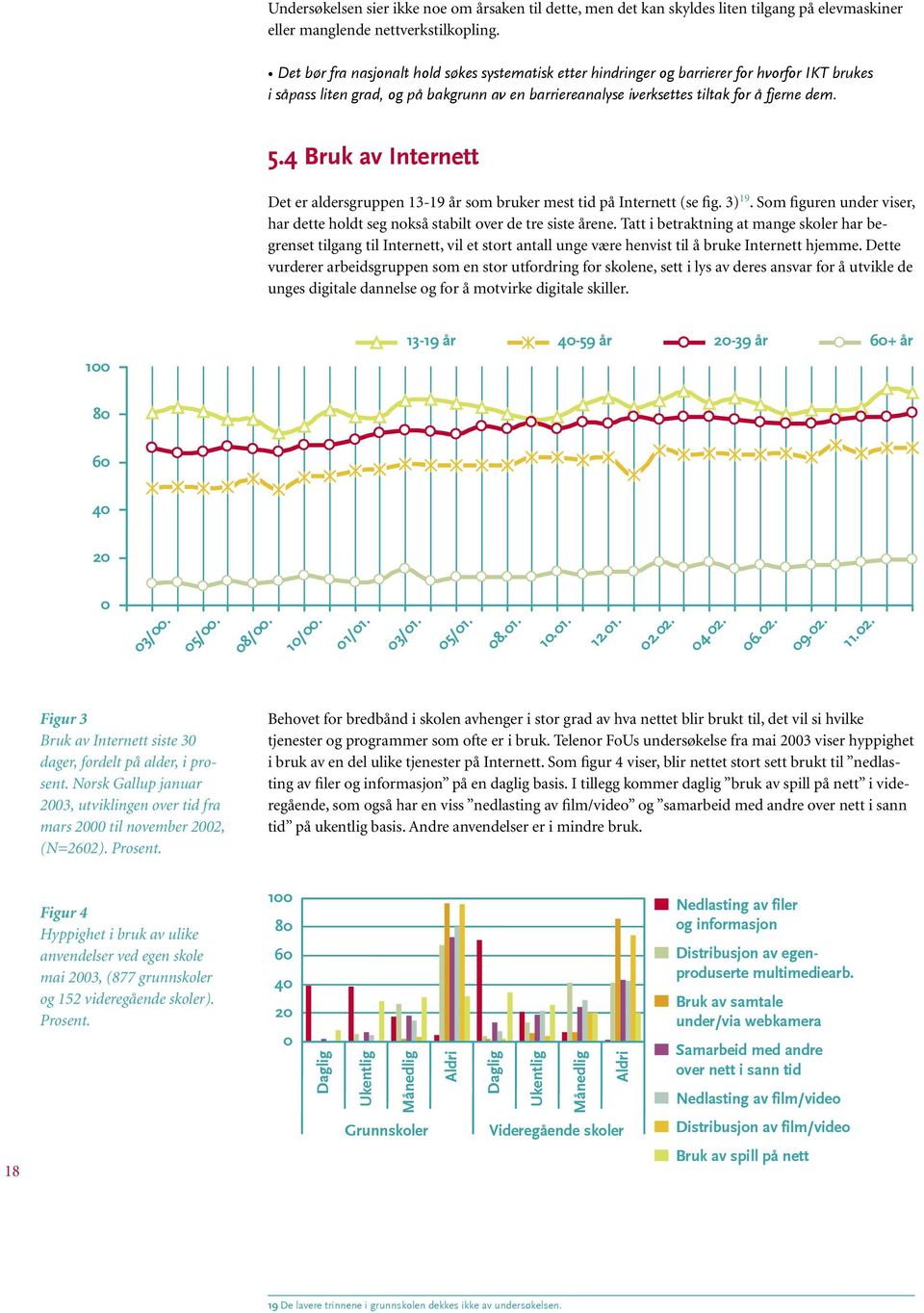 4 Bruk av Internett Det er aldersgruppen 13-19 år som bruker mest tid på Internett (se fig. 3) 19. Som figuren under viser, har dette holdt seg nokså stabilt over de tre siste årene.