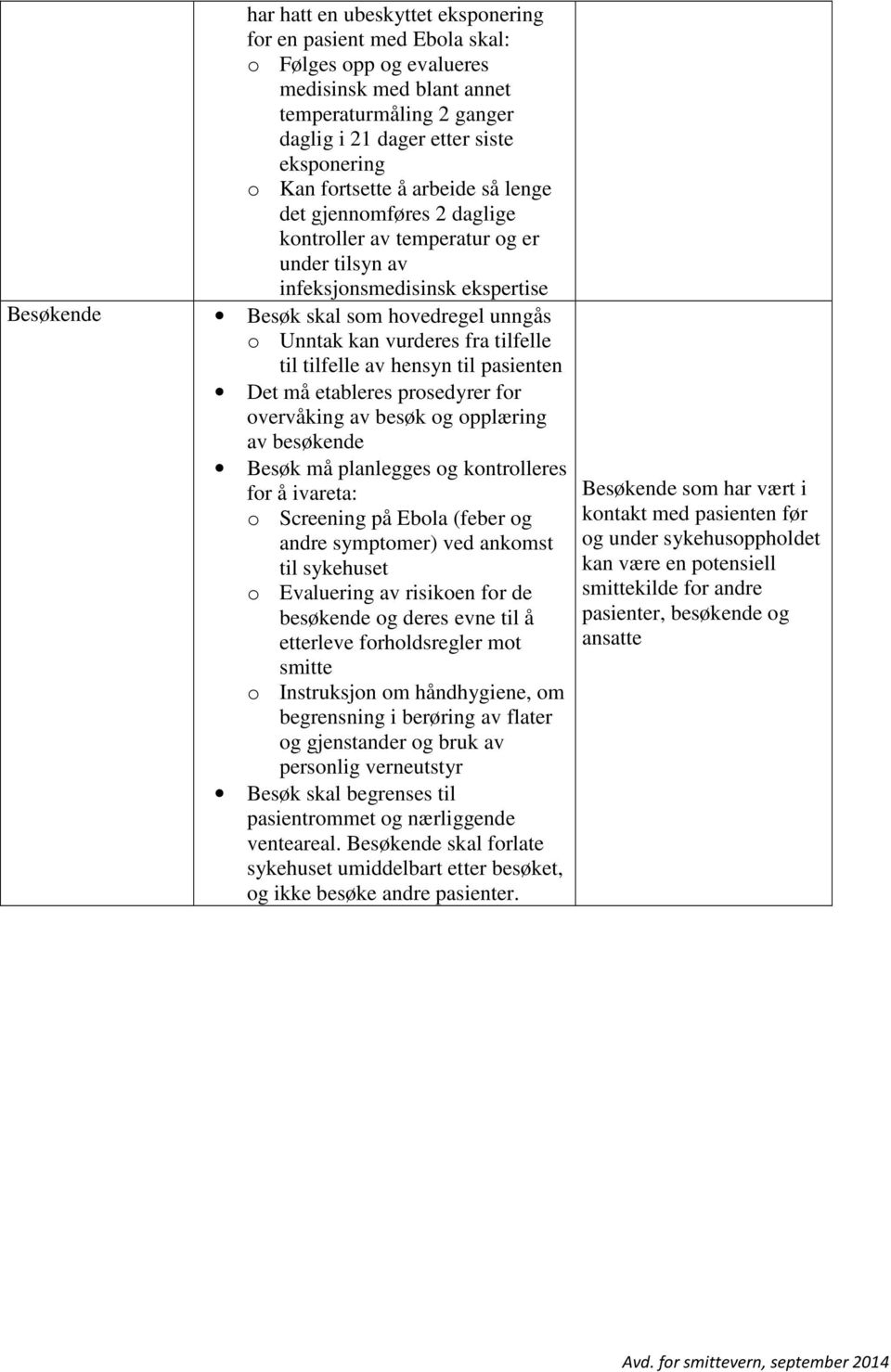 fra tilfelle til tilfelle av hensyn til pasienten Det må etableres prosedyrer for overvåking av besøk og opplæring av besøkende Besøk må planlegges og kontrolleres for å ivareta: o Screening på Ebola