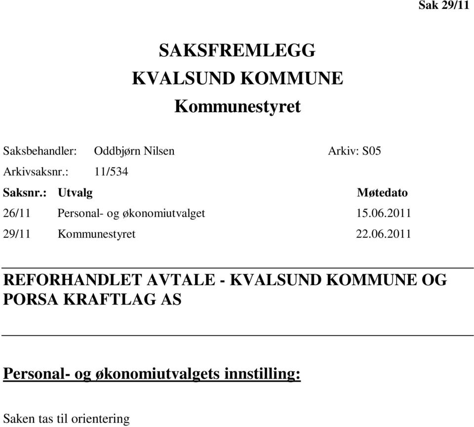 : Utvalg Møtedato 26/11 Personal- og økonomiutvalget 15.06.2011 29/11 Kommunestyret 22.