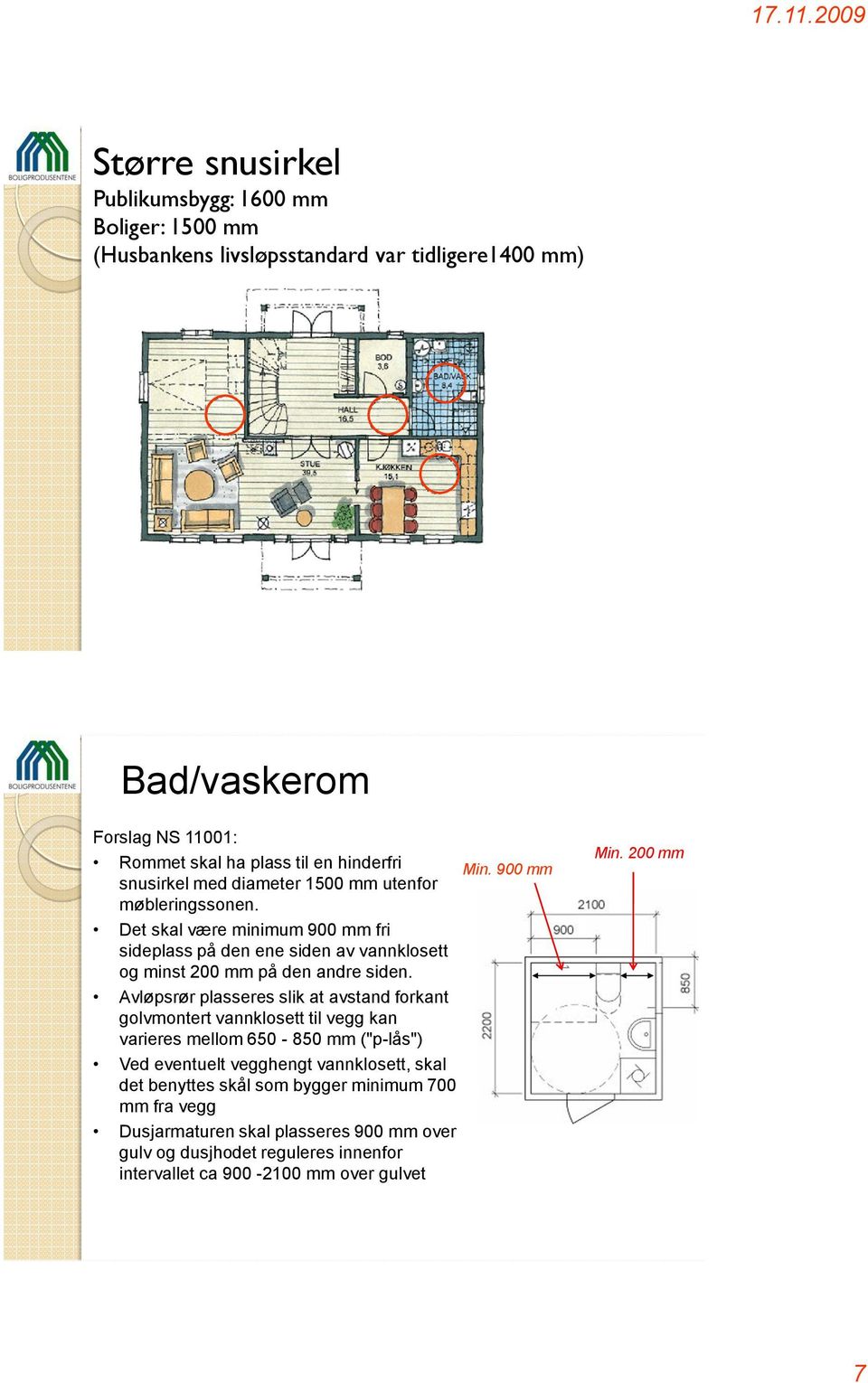 Det skal være minimum 900 mm fri sideplass på den ene siden av vannklosett og minst 200 mm på den andre siden.