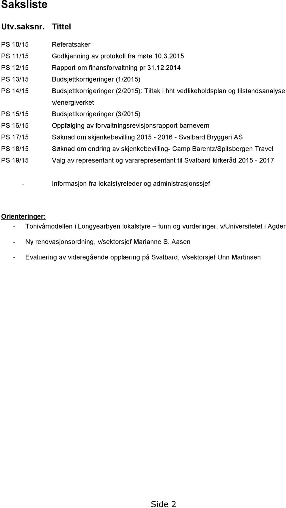 2014 PS 13/15 Budsjettkorrigeringer (1/2015) PS 14/15 Budsjettkorrigeringer (2/2015): Tiltak i hht vedlikeholdsplan og tilstandsanalyse v/energiverket PS 15/15 Budsjettkorrigeringer (3/2015) PS 16/15