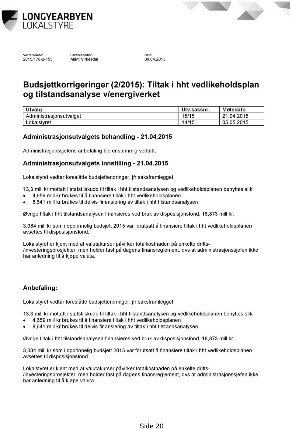 Administrasjonsutvalgets innstilling - 21.04.2015 Lokalstyret vedtar foreslåtte budsjettendringer, jfr saksframlegget.