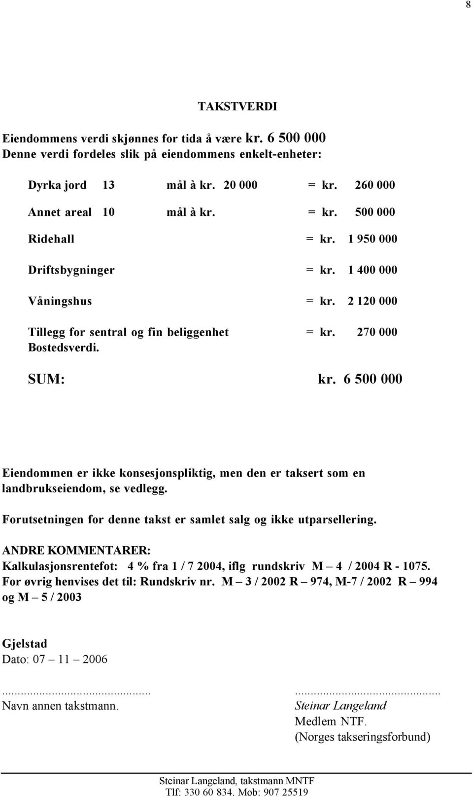 6 500 000 Eiendommen er ikke konsesjonspliktig, men den er taksert som en landbrukseiendom, se vedlegg. Forutsetningen for denne takst er samlet salg og ikke utparsellering.