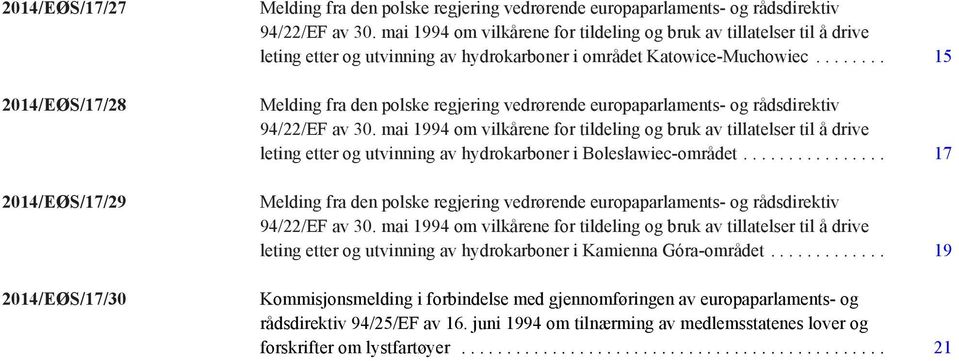 .. 15 Melding fra den polske regjering vedrørende europaparlaments- og rådsdirektiv 94/22/EF av 30.