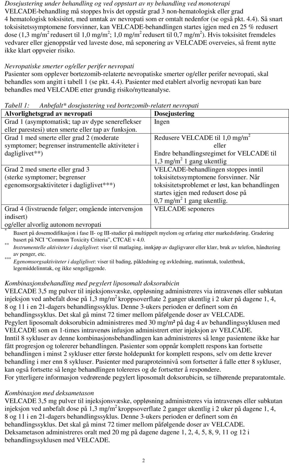 Så snart toksisitetssymptomene forsvinner, kan VELCADE-behandlingen startes igjen med en 25 % redusert dose (1,3 mg/m 2 redusert til 1,0 mg/m 2 ; 1,0 mg/m 2 redusert til 0,7 mg/m 2 ).