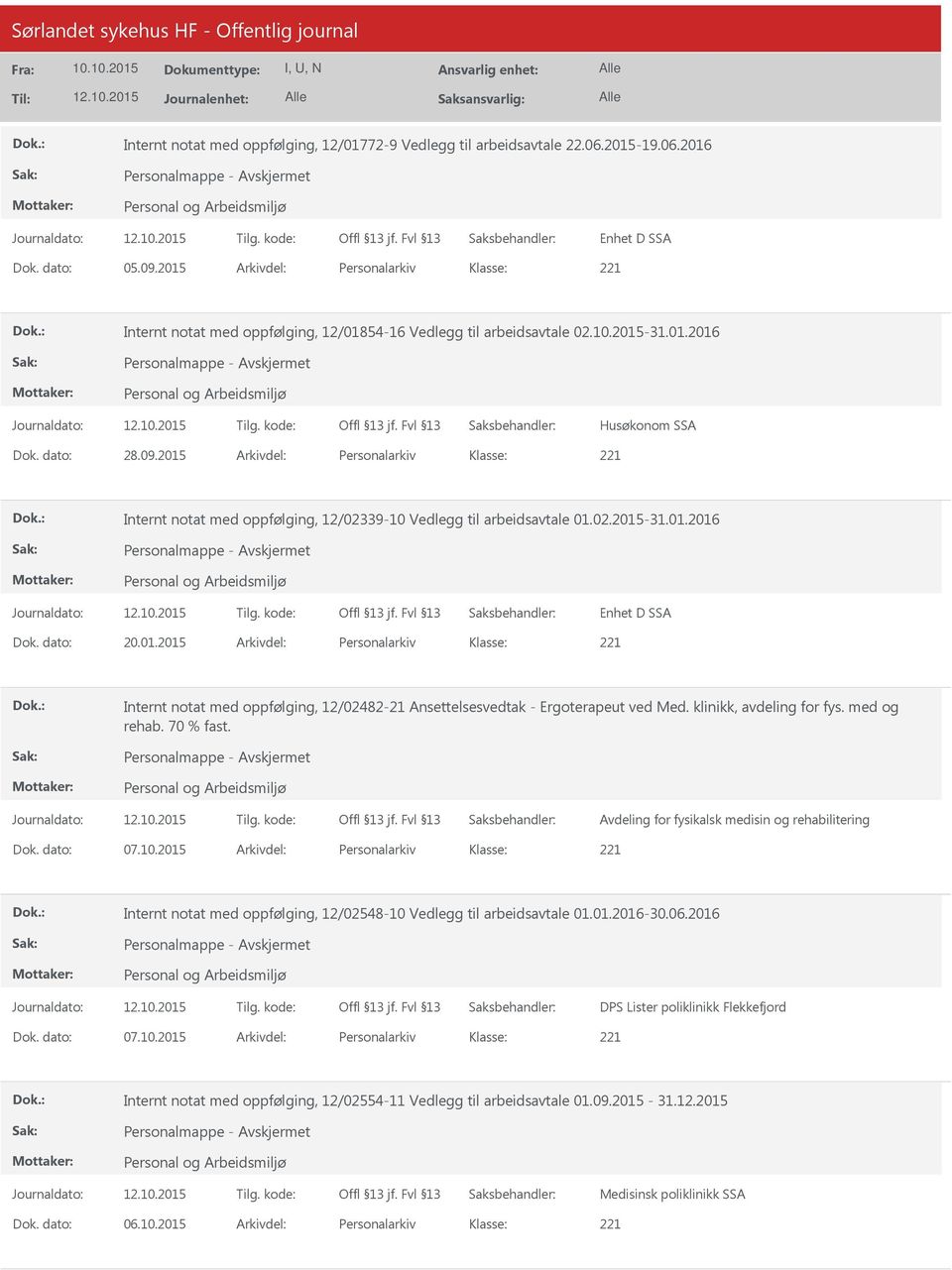 2015 Arkivdel: Personalarkiv Internt notat med oppfølging, 12/02339-10 Vedlegg til arbeidsavtale 01.02.2015-31.01.2016 Personalmappe - Enhet D SSA Dok. dato: 20.01.2015 Arkivdel: Personalarkiv Internt notat med oppfølging, 12/02482-21 Ansettelsesvedtak - Ergoterapeut ved Med.