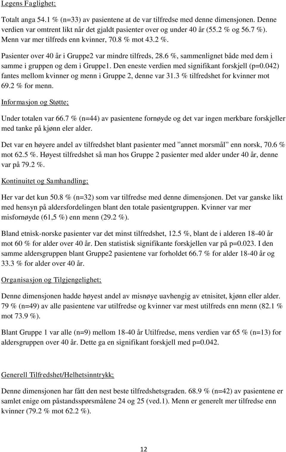 Den eneste verdien med signifikant forskjell (p=0.042) fantes mellom kvinner og menn i Gruppe 2, denne var 31.3 % tilfredshet for kvinner mot 69.2 % for menn.