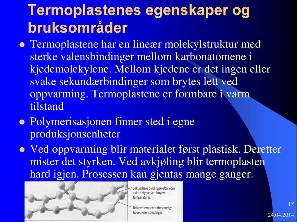 Termoplastene er formbare i varm tilstand Polymerisasjonen finner sted i egne produksjonsenheter Ved oppvarming blir