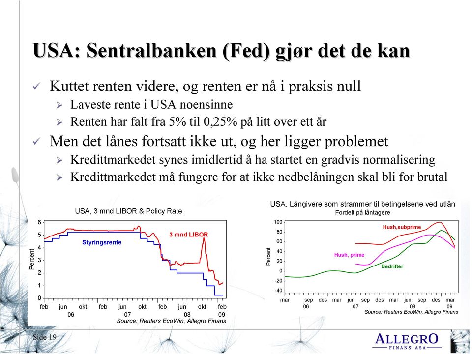 3 2 1 0 feb jun 06 USA, 3 mnd LIBOR & Policy Rate Styringsrente okt 3 mnd LIBOR feb jun okt feb jun okt feb 07 08 09 Source: Reuters EcoWin, Allegro Finans Percent USA, Långivere som strammer til