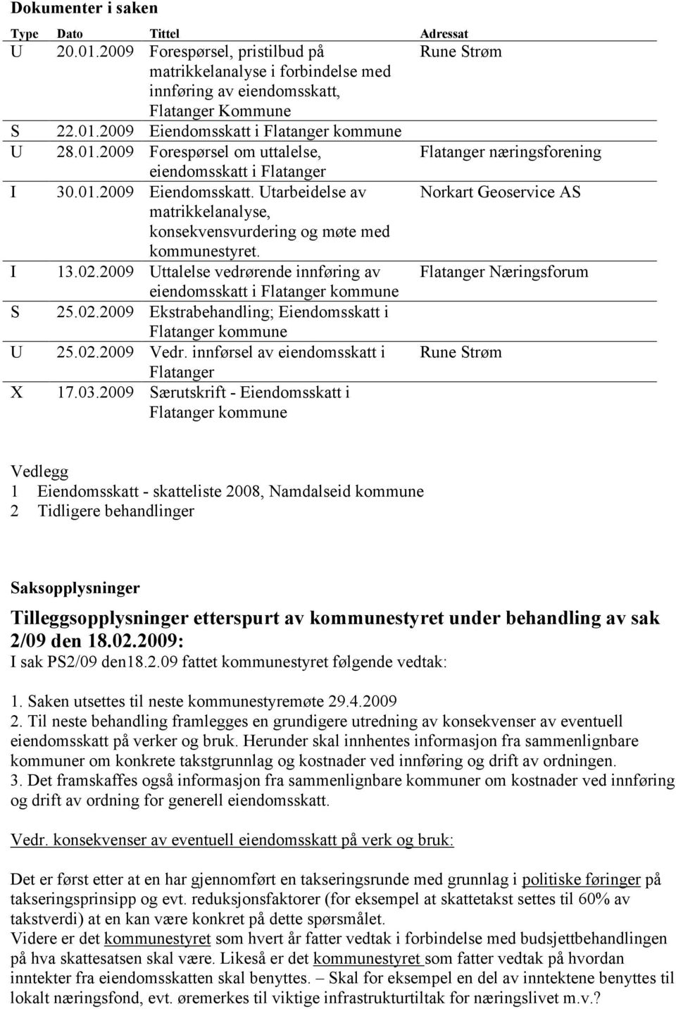 2009 Uttalelse vedrørende innføring av eiendomsskatt i Flatanger kommune S 25.02.2009 Ekstrabehandling; Eiendomsskatt i Flatanger kommune U 25.02.2009 Vedr.