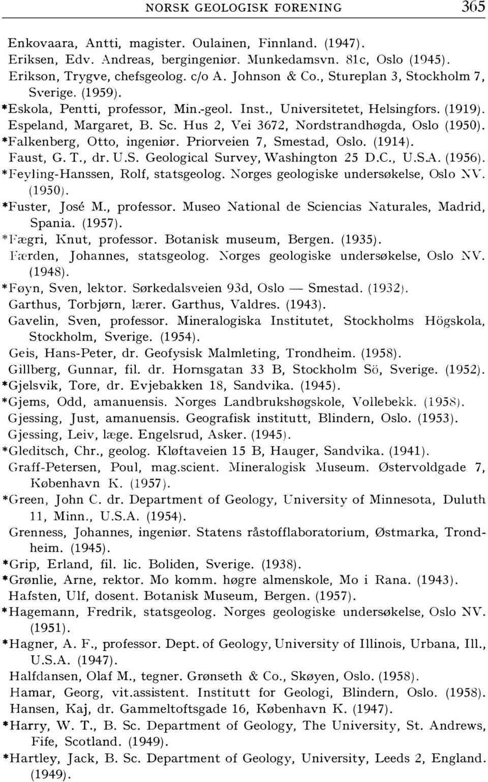 Hus 2, Vei 3672, Nordstrandhøgda, Oslo (1950). *Falkenberg, Otto, ingeniør. Priorveien 7, Smestad, Oslo. (1914). Faust, G. T., dr. U.S. Geological Survey, Washington 25 D.C., U.S.A. (1956).