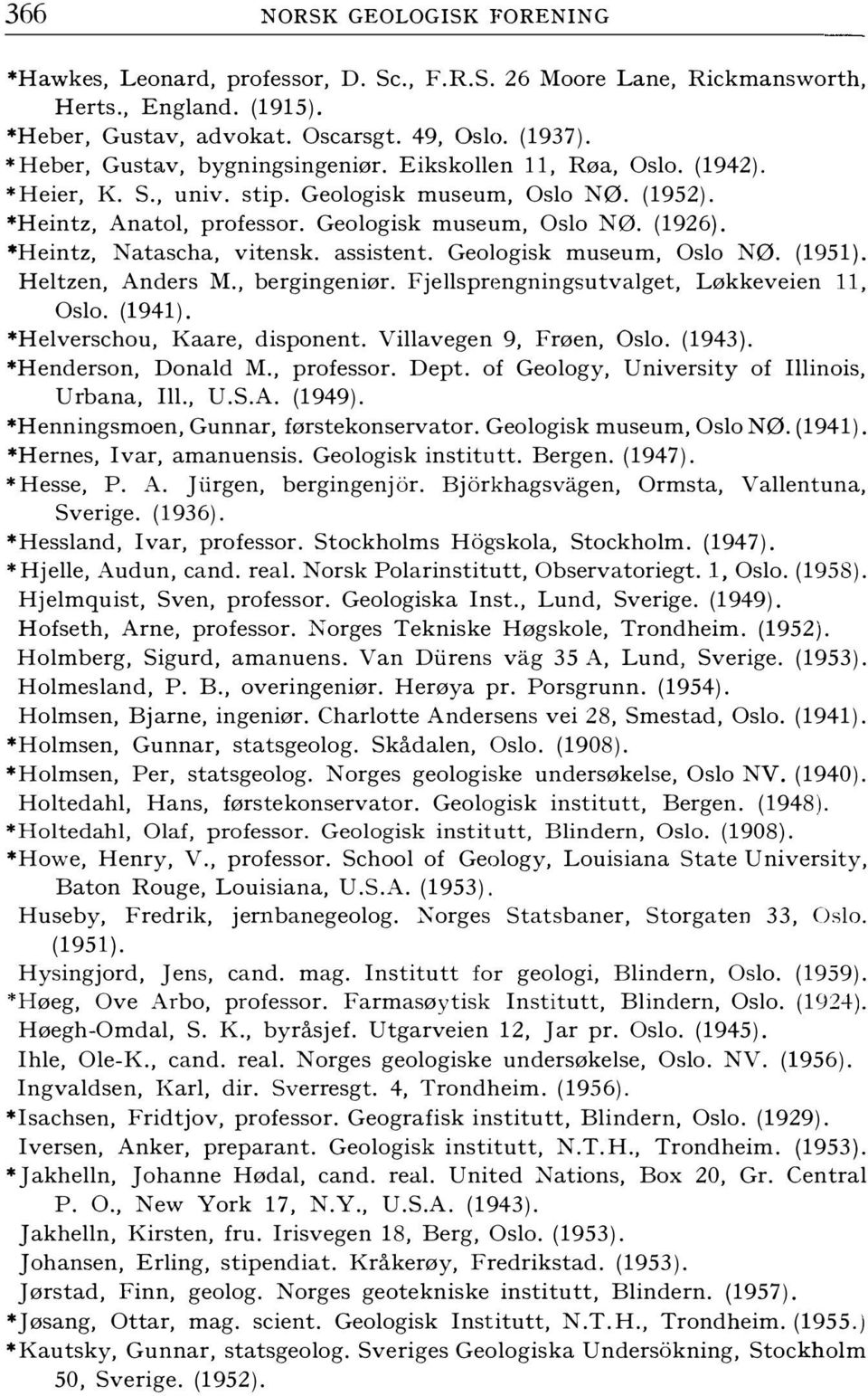 *Heintz, Natascha, vitensk. assistent. Geologisk museum, Oslo NØ. (1951). Heltzen, Anders M., bergingeniør. Fjellsprengningsutvalget, Løkkeveien 11, Oslo. (1941). *Helverschou, Kaare, disponent.