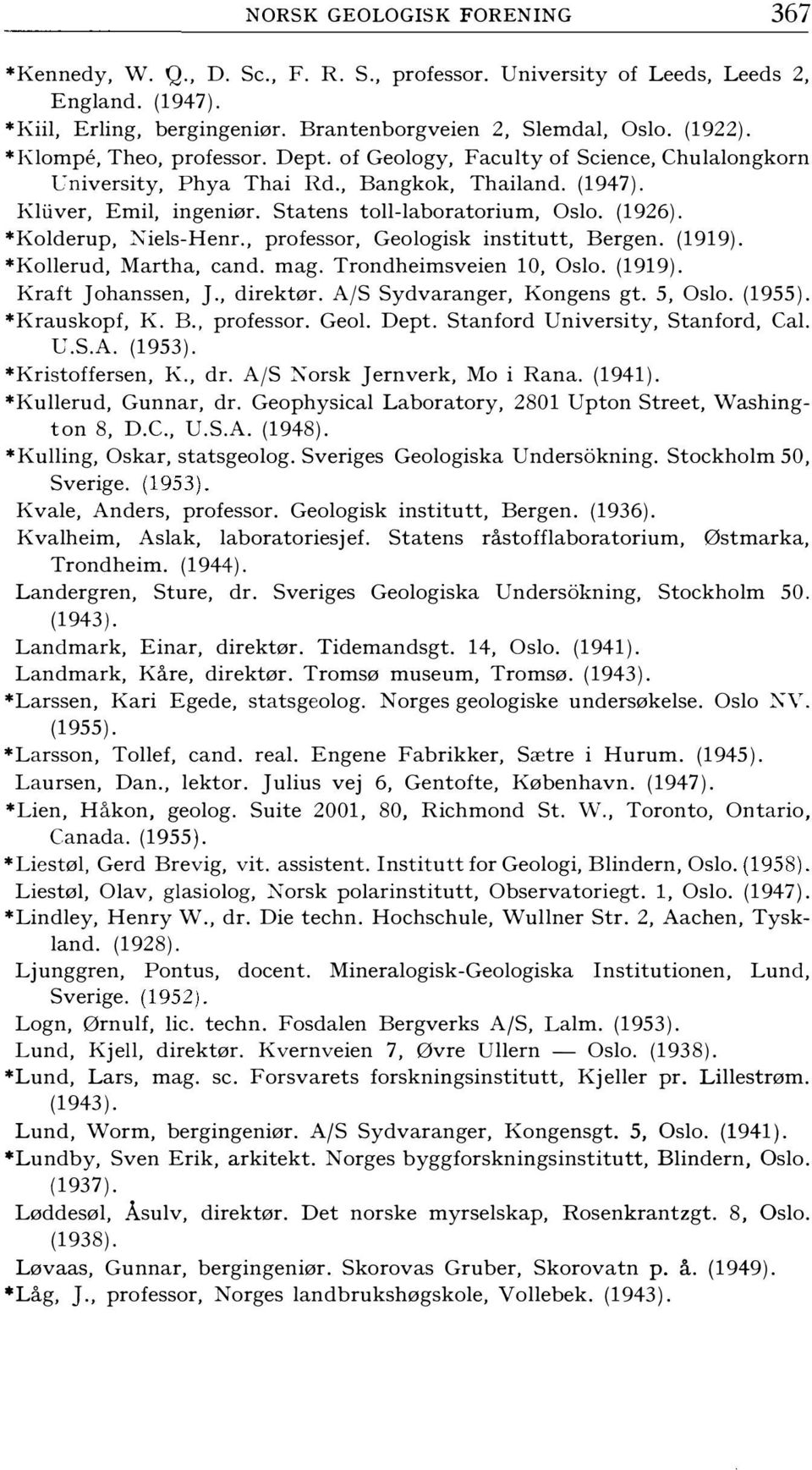 *Kolderup, Xiels-Henr., professor, Geologisk institutt, Bergen. (1919). *Kollerud, Martha, cand. mag. Trondheimsveien 10, Oslo. (1919). Kraft Johanssen, J., direktør. AJS Sydvaranger, Kongens gt.