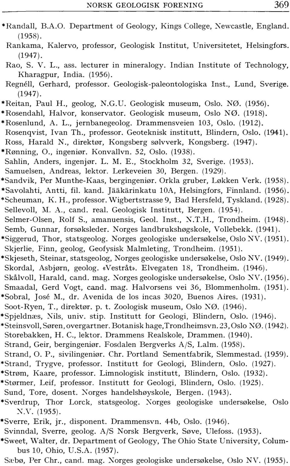 *Reitan, Paul H., geolog, N.G.U. Geologisk museum, Oslo. NØ. (1956). *Rosendahl, Halvor, konservator. Geologisk museum, Oslo NØ. (1918). *Rosenlund, A. L., jernbanegeolog. Drammensveien 103, Oslo.