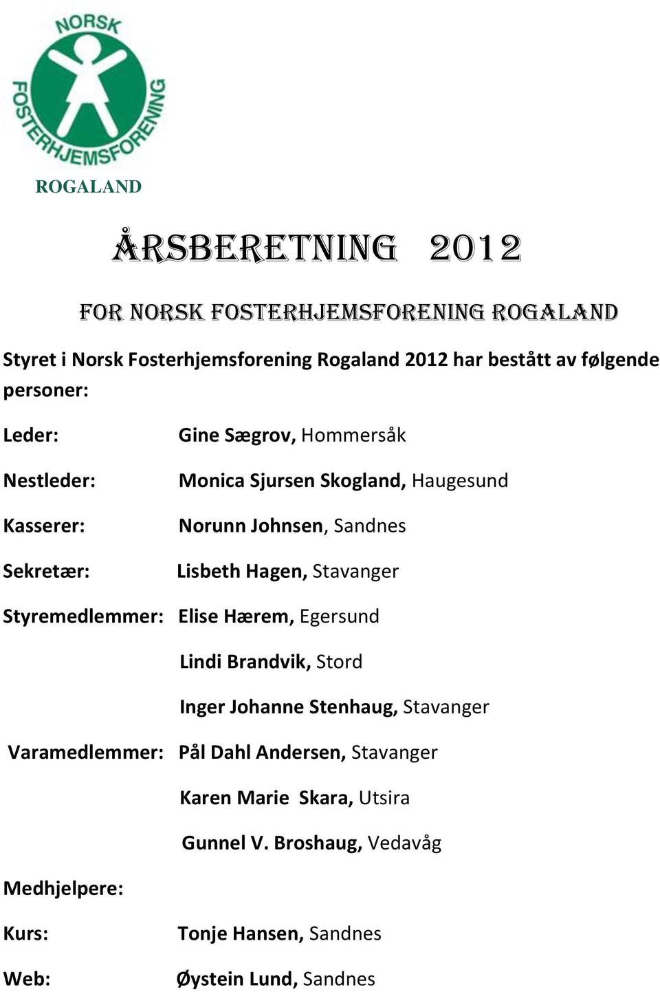Lisbeth Hagen, Stavanger Styremedlemmer: Elise Hærem, Egersund Lindi Brandvik, Stord Inger Johanne Stenhaug, Stavanger Varamedlemmer:
