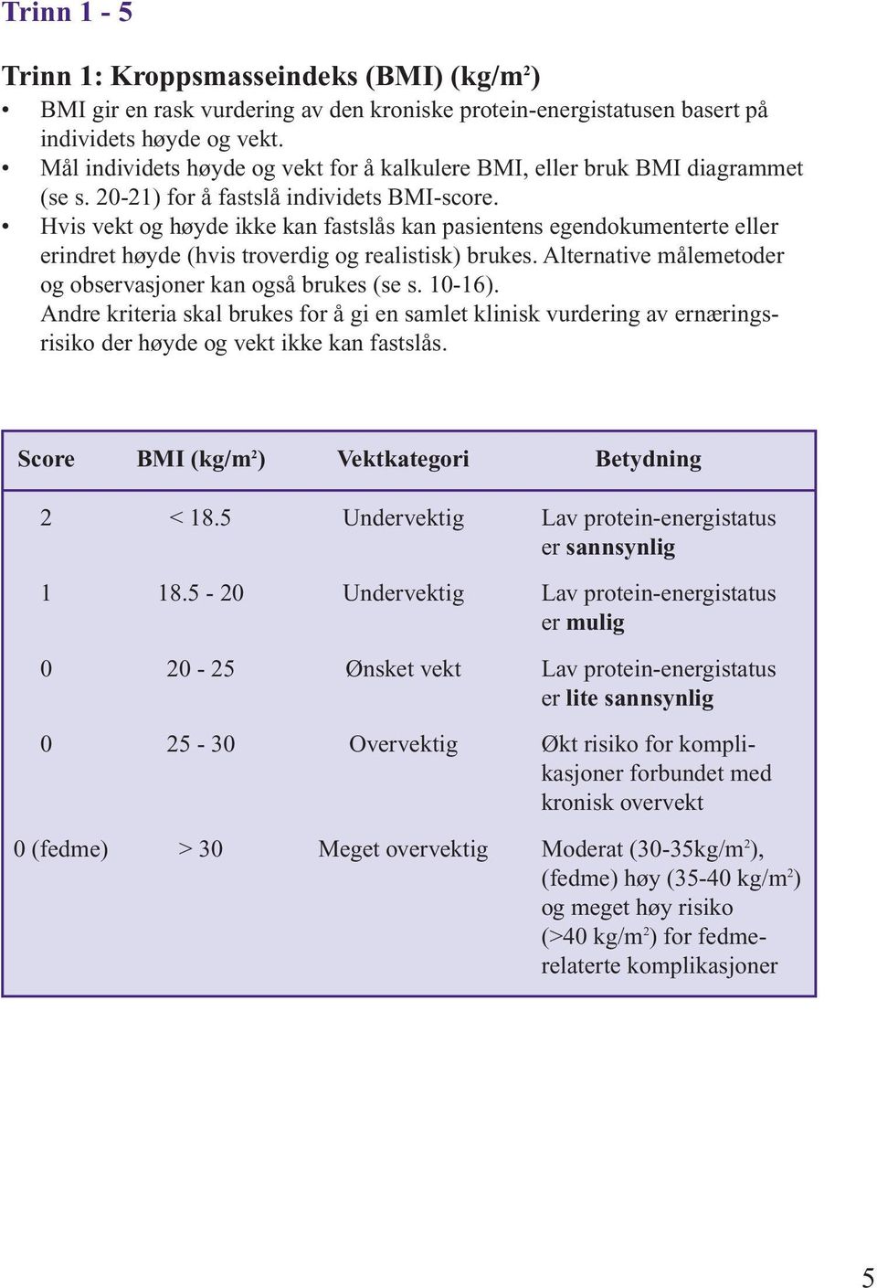 Hvis vekt og høyde ikke kan fastslås kan pasientens egendokumenterte eller erindret høyde (hvis troverdig og realistisk) brukes. Alternative målemetoder og observasjoner kan også brukes (se s. 10-16).
