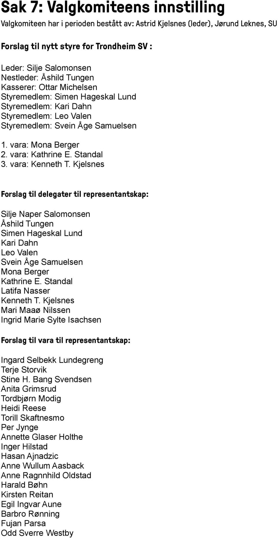 vara: Kenneth T. Kjelsnes Forslag til delegater til representantskap: Silje Naper Salomonsen Åshild Tungen Simen Hageskal Lund Kari Dahn Leo Valen Svein Åge Samuelsen Mona Berger Kathrine E.