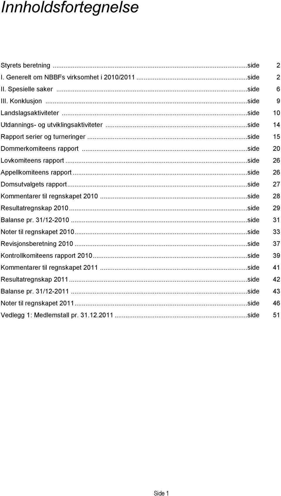 .. side 26 Domsutvalgets rapport... side 27 Kommentarer til regnskapet 2010... side 28 Resultatregnskap 2010... side 29 Balanse pr. 31/12-2010... side 31 Noter til regnskapet 2010.