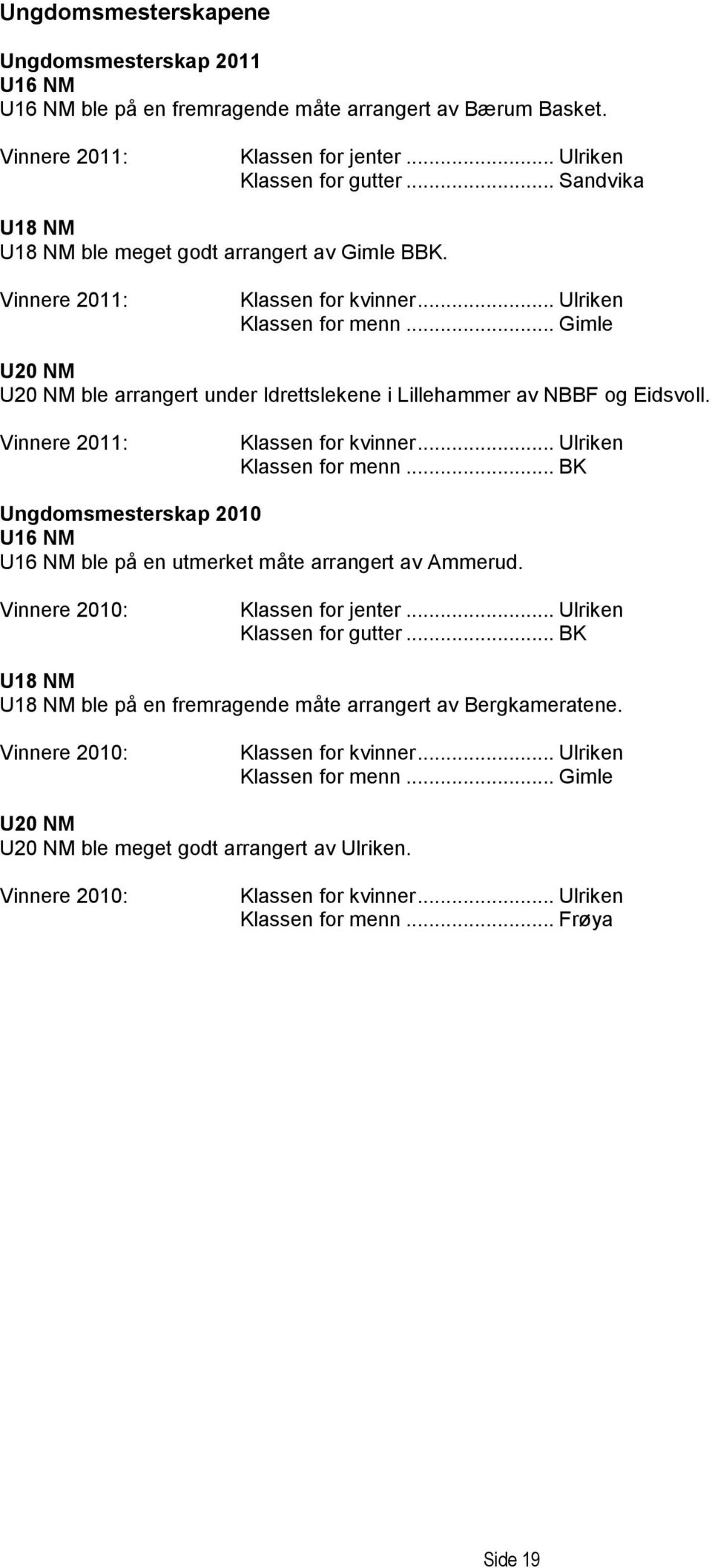 .. Gimle U20 NM U20 NM ble arrangert under Idrettslekene i Lillehammer av NBBF og Eidsvoll. Vinnere 2011: Klassen for kvinner... Ulriken Klassen for menn.