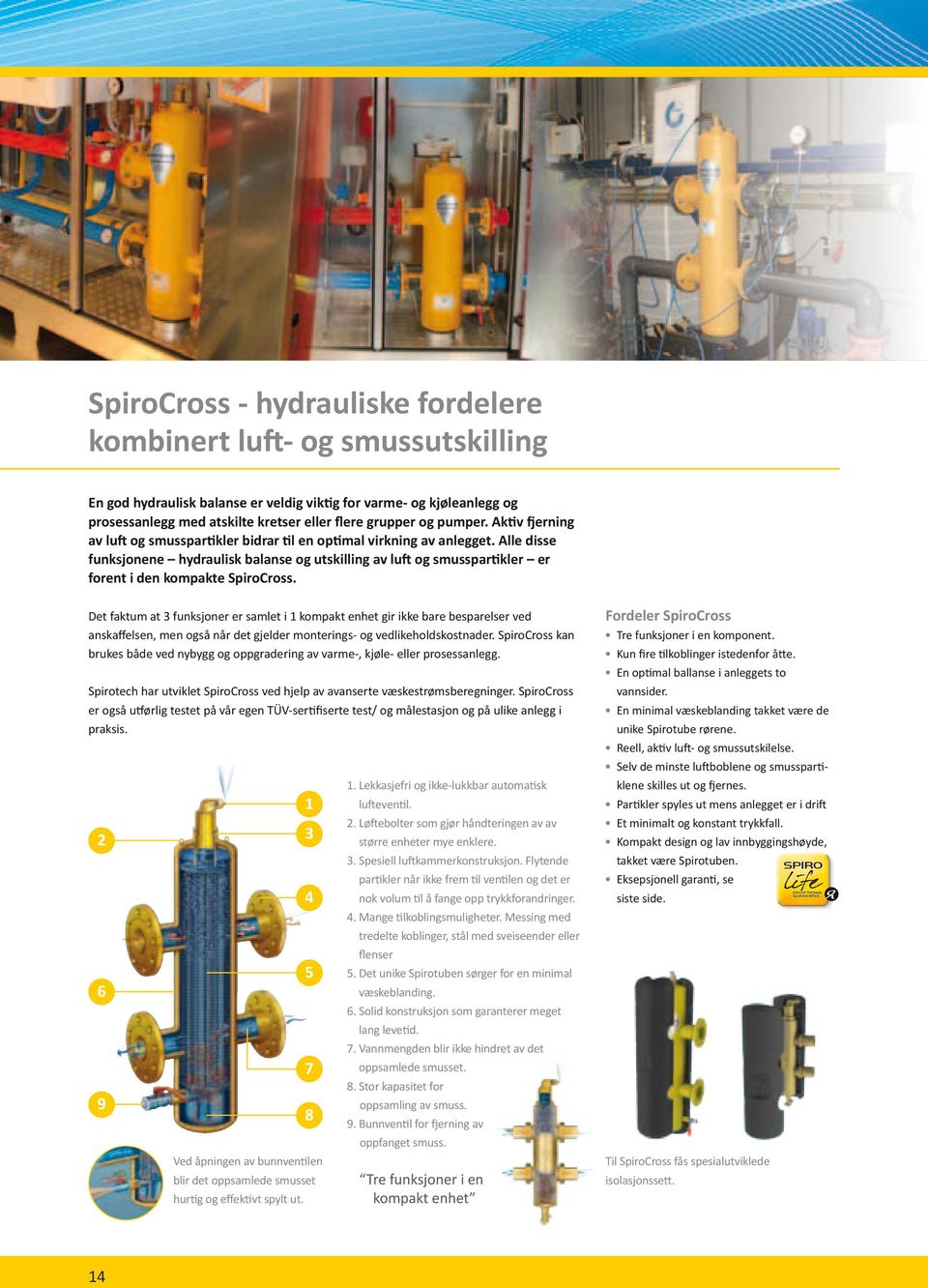 Alle disse funksjonene hydraulisk balanse og utskilling av luft og smusspartikler er forent i den kompakte SpiroCross.