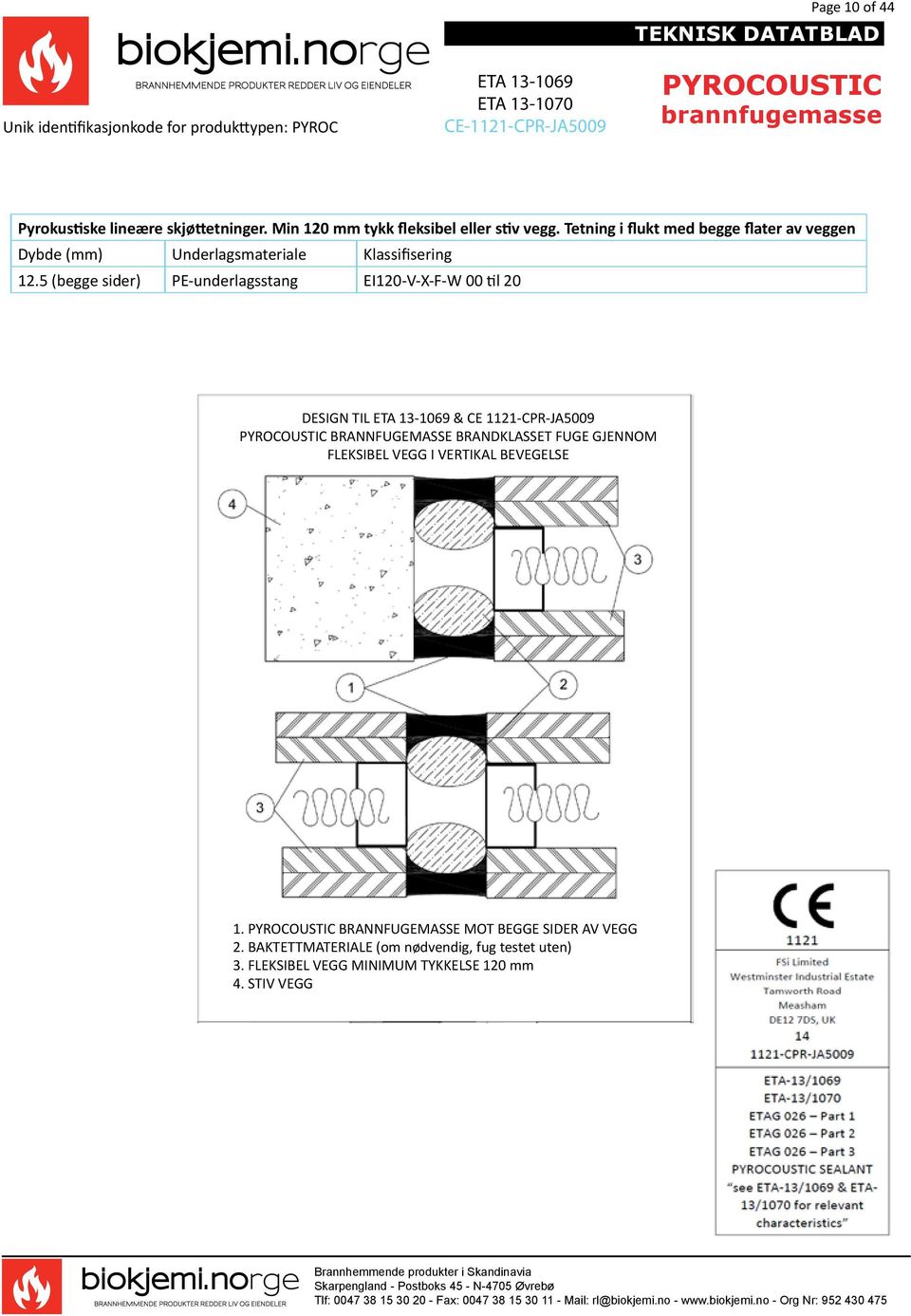 5 (begge sider) PE-underlagsstang EI120-V-X-F-W 00 til 20 DESIGN TIL ETA 13-1069 & CE 1121-CPR-JA5009 BRANNFUGEMASSE BRANDKLASSET FUGE