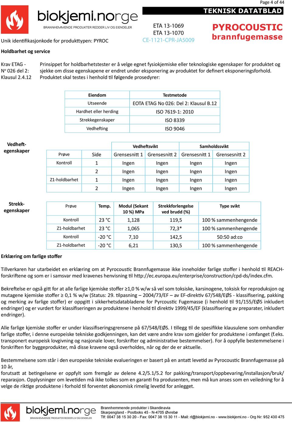 under eksponering av produktet for definert eksponeringsforhold. Produktet skal testes i henhold til følgende prosedyrer: Eiendom Testmetode Utseende EOTA ETAG No 026: Del 2: Klausul B.