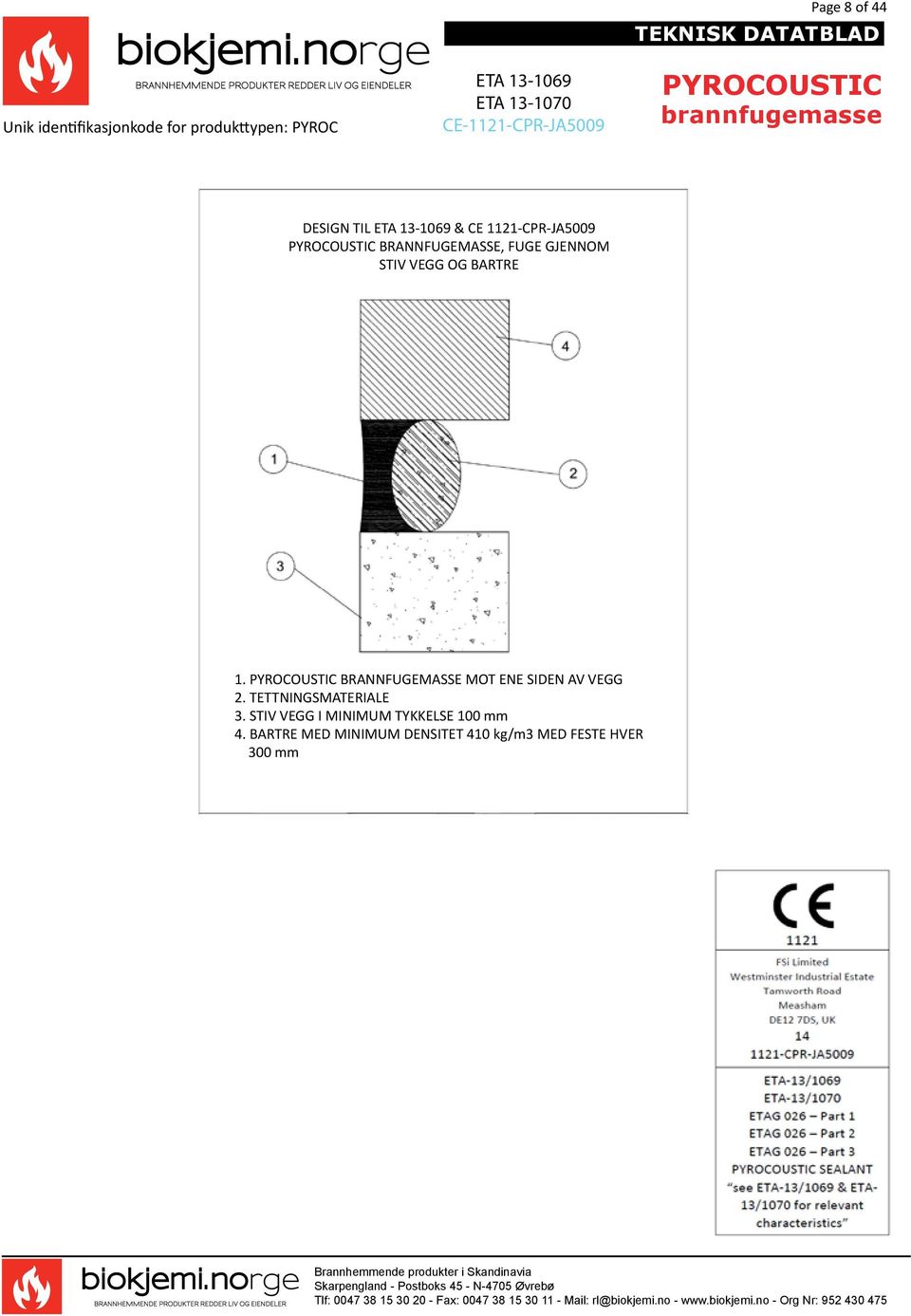 1. BRANNFUGEMASSE MOT ENE SIDEN AV VEGG 2. TETTNINGSMATERIALE 3.